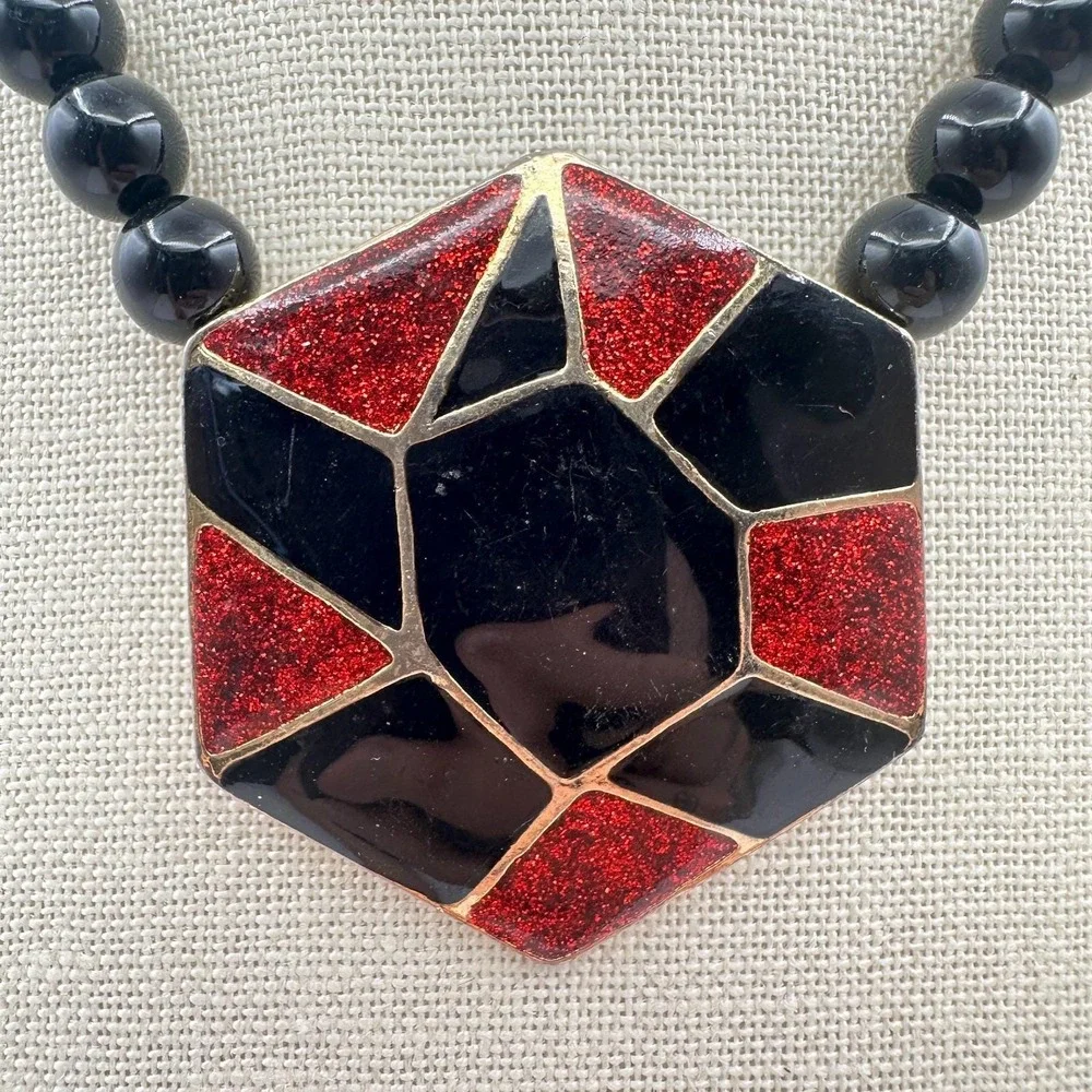 Vintage 80s‎ Hexagon Statement Necklace Black Red Glitter Enamel Fashion Jewelry